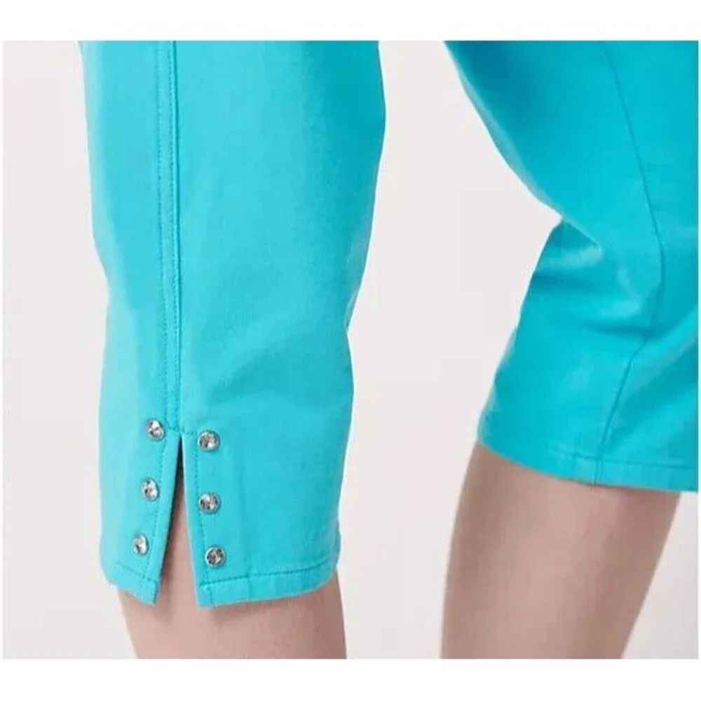 Womens Quacker Factory Dream Jeannes S Capri Turquoise Blue Pull On Pants Rhines - Picture 9 of 10